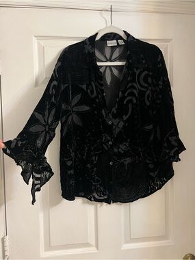 Vintage Chico's Black Velvet Burnout Button-Front Blouse
